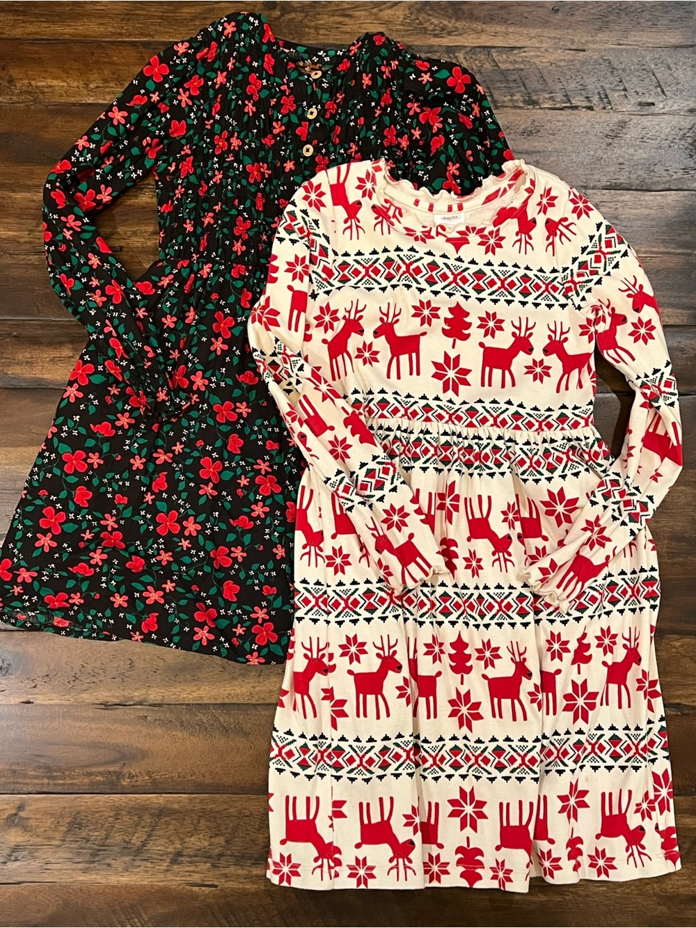 Girls' Christmas Holiday Dress Set - Festive Floral & Reindeer Prints